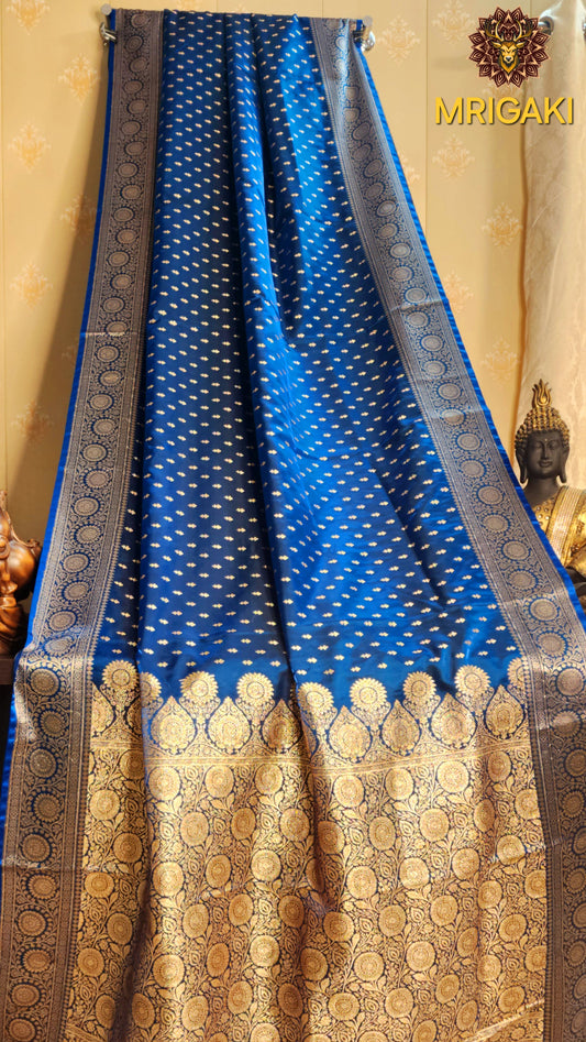 Royal Blue color Satin Silk Banarasi Saree with Thousand butti & Zari border & Pallu