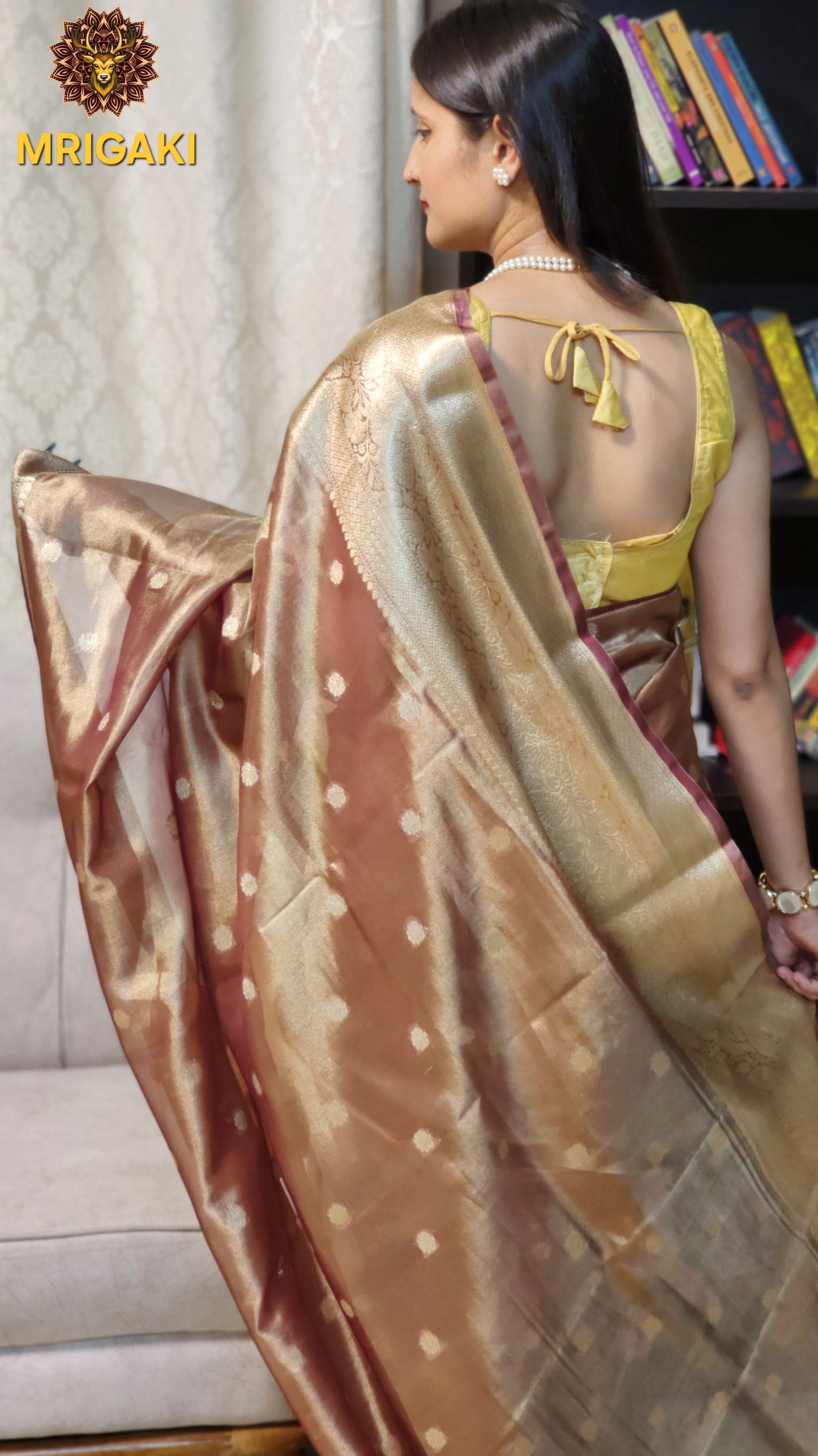 Elegant Tissue Silk Beige color Saree with Banarasi Zari Border