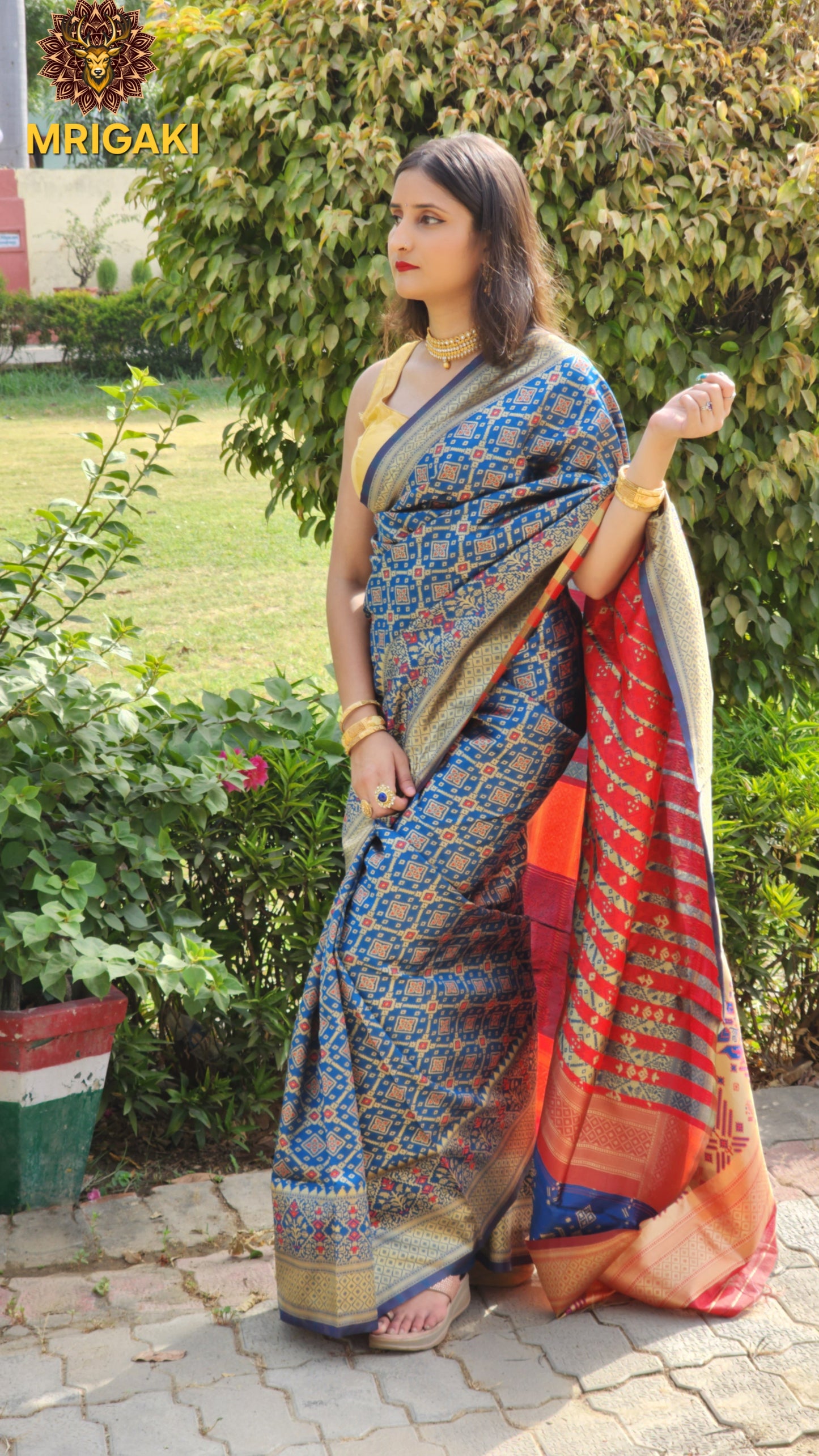 Warm Silk Saree in Dark Blue color with Red contrast, Patola print All over & on Pallu