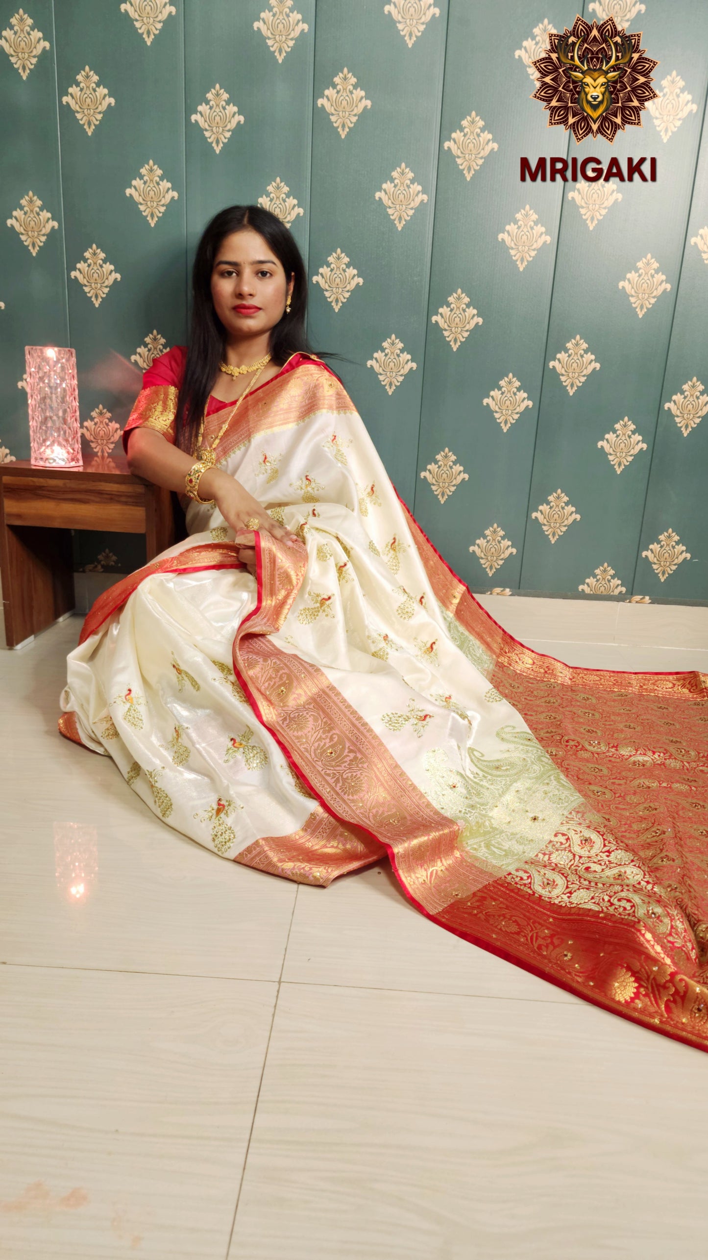 White base Golden Red contrast Satin Silk Saree with Golden stone designer peacock work all over