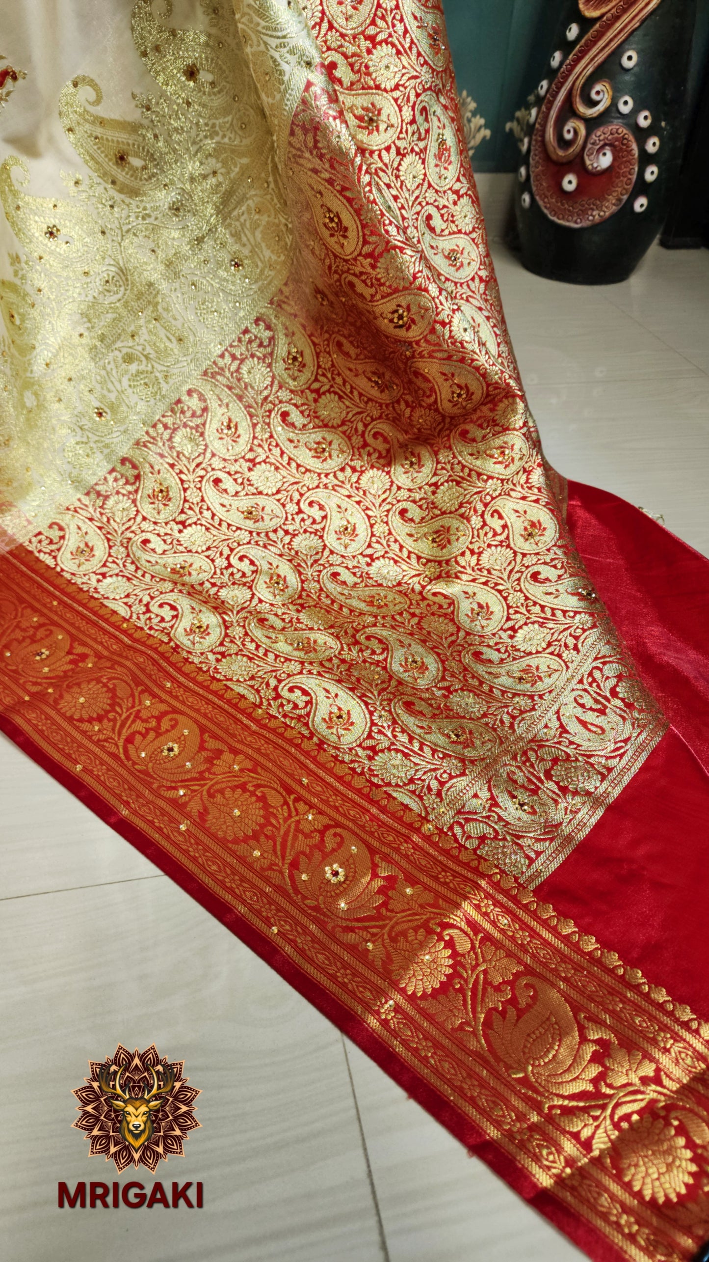 White base Golden Red contrast Satin Silk Saree with Golden stone designer peacock work all over