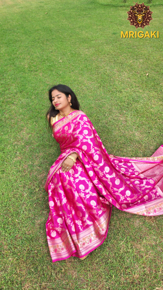 Banarasi Silk Paithni Border Pink Color Saree with Jaal Handweaving all over