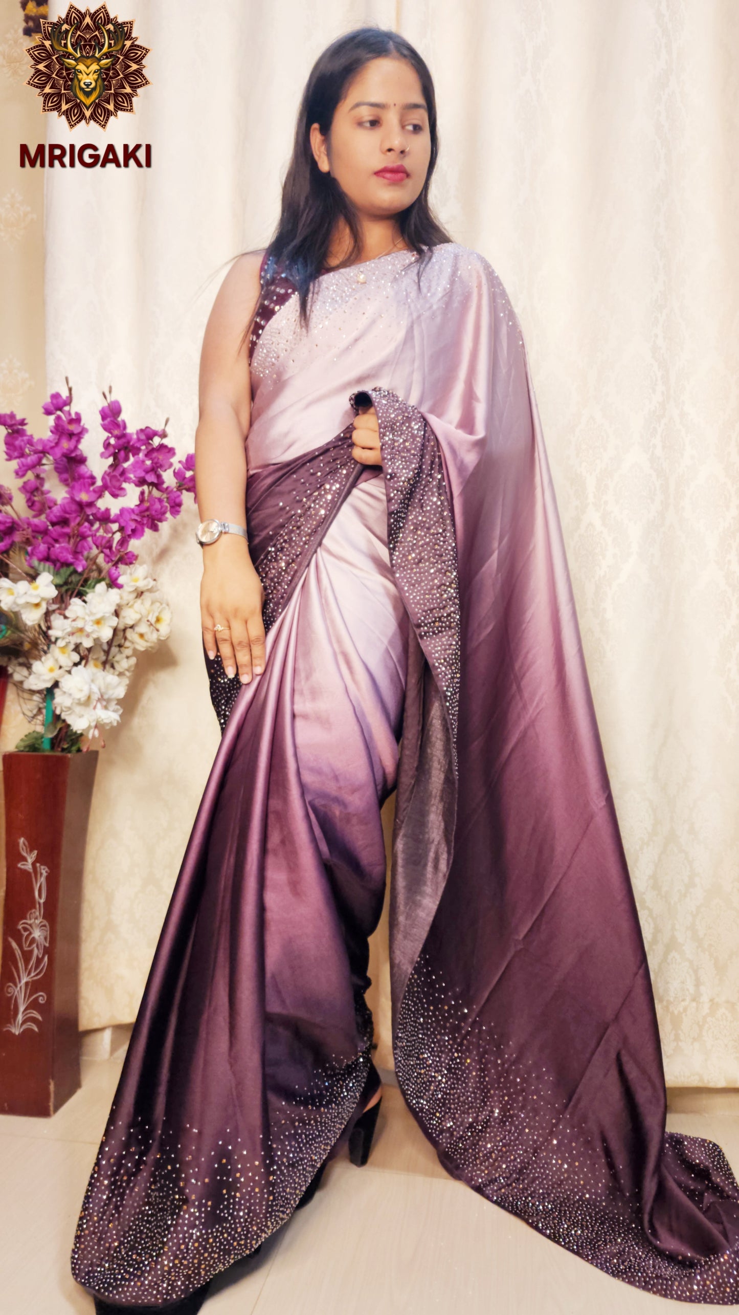 Japan Satin Silk Double Shaded Lavender Purple Elegant Saree with Silver & Golden Stone work on borders