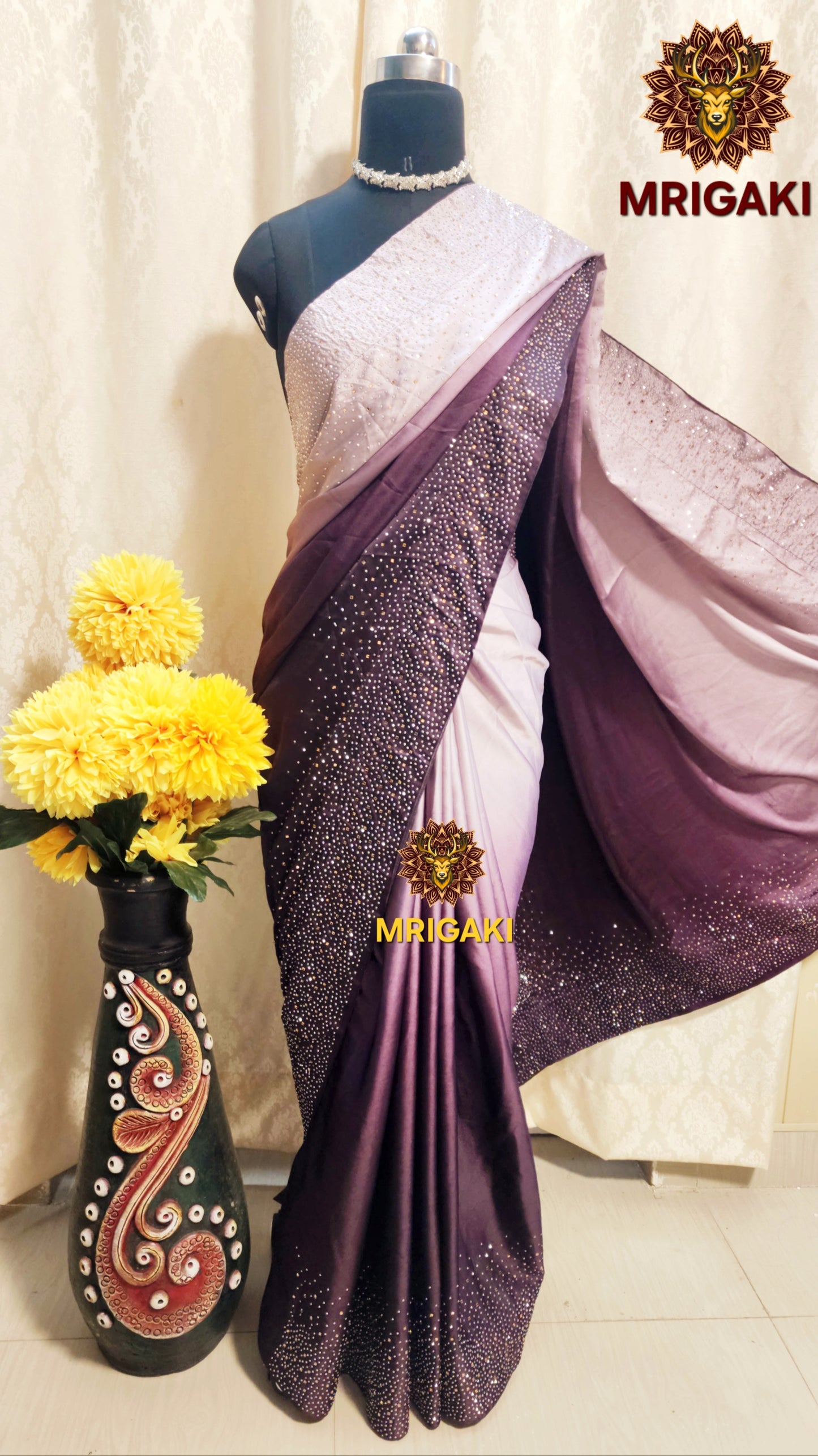 Japan Satin Silk Double Shaded Lavender Purple Elegant Saree with Silver & Golden Stone work on borders