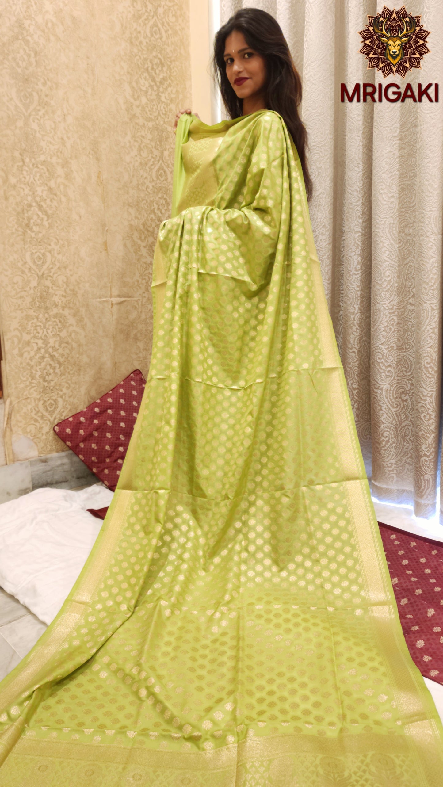 Handloom Banarasi Pure Silk Dupatta with Chhoti butti all over in Light Green Golden color combination