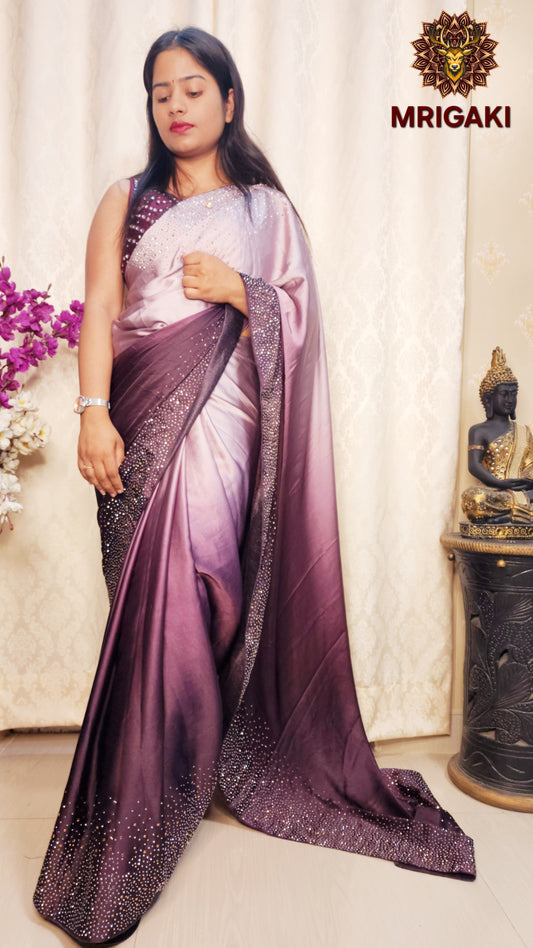 Japan Satin Silk Double Shaded Lavender Purple Elegant Saree with Silver & Golden Stone work on borders