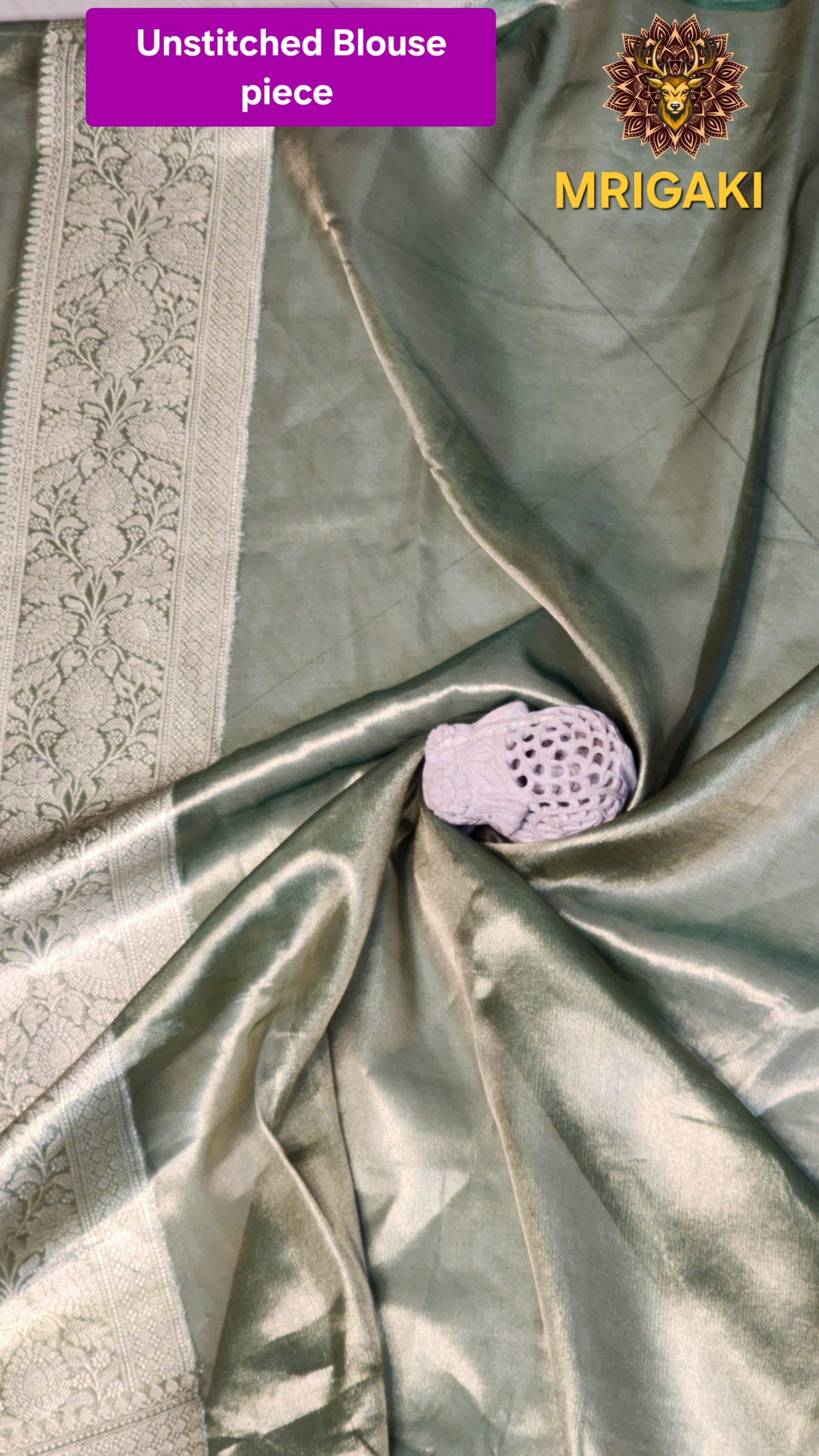 Elegant Tissue Silk Olive Green color Saree with Banarasi Zari Border