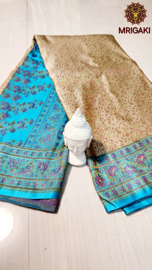 Pure Silk Jamewaar Saree in Beige & Sky Blue Contrast colors
