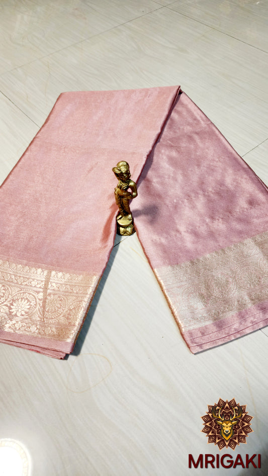 Soft Silk Plain Pink color Banarasi Saree with Silver color Zari border & Pallu