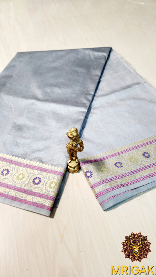 Soft Silk Plain Grey color Banarasi Saree with Minakari work Silver Zari border & Pallu