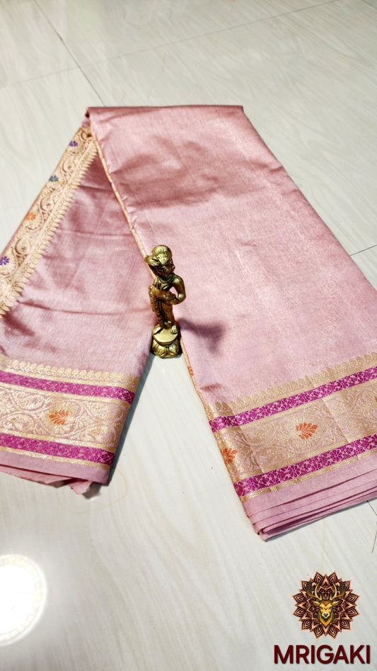 Soft Silk Plain Light Pink color Banarasi Saree with Minakari work Golden Zari border & Pallu