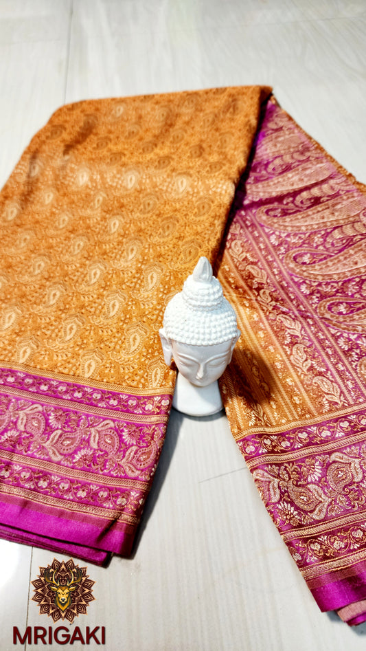 Pure Silk Jamewaar Saree in Turmeric Yellow & Pink Contrast colors