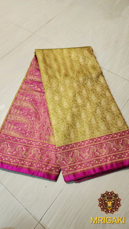 Pure Silk Jamewaar Saree in Light Green & Pink Contrast colors