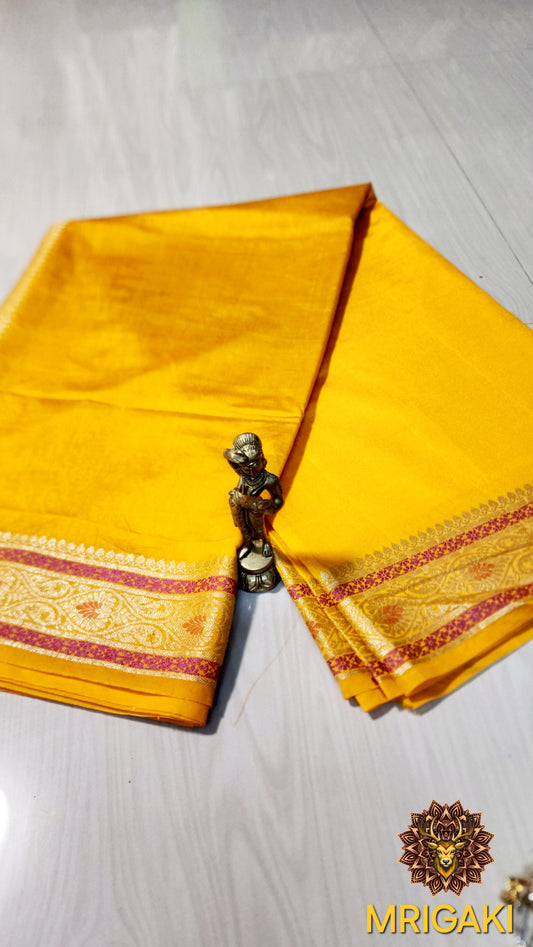 Soft Silk Plain Yellow color Banarasi Saree with Minakari work Golden Zari border & Pallu