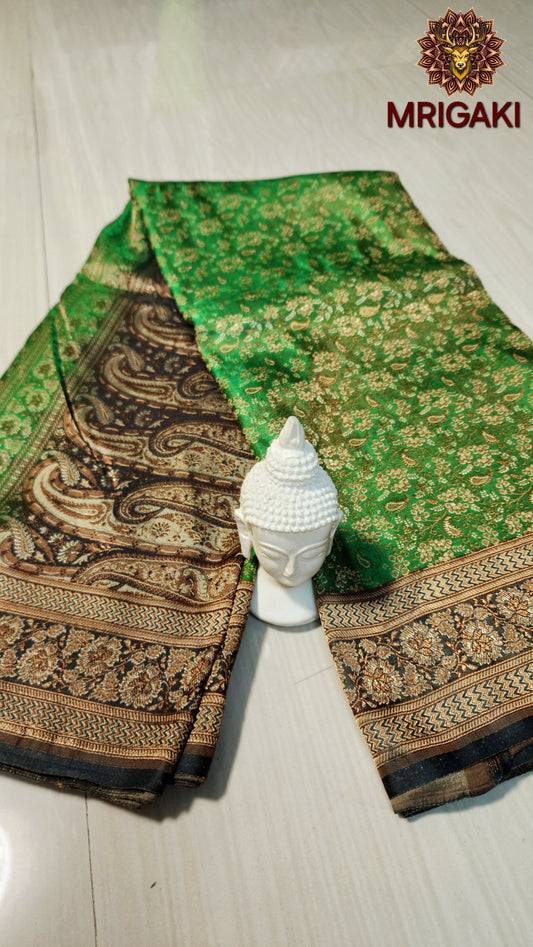 Pure Silk Jamewaar Saree in Forest Green & Royal Blue Contrast colors