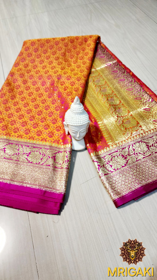 Pure Silk Jamewaar Saree in self geometrical design in Orange & Pink Contrast colors