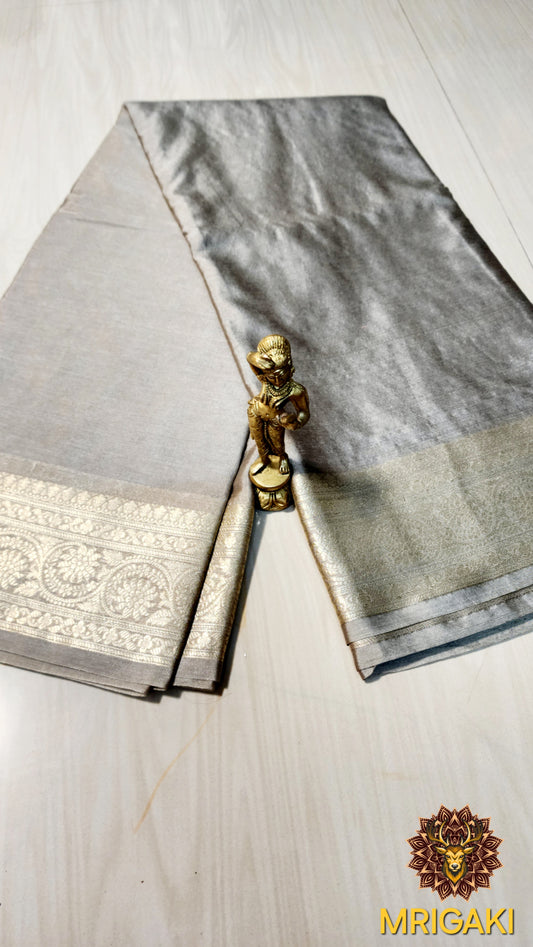 Soft Silk Plain Grey color Banarasi Saree with Silver color Zari border & Pallu