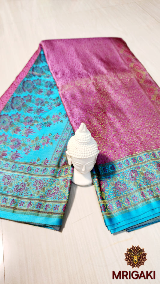 Pure Silk Jamewaar Saree in Pink & Sky Blue Contrast colors