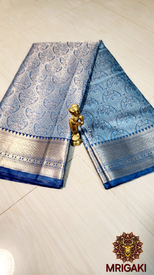 Minakari Tanchoi Semi-Katan Silk Easy drape Light & Royal Blue contrast color Saree with Designer blouse
