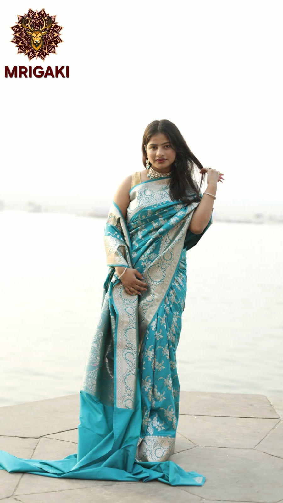 Firozi Banarasi Satin Silk Saree with Silver & Golden thread Handweaving work