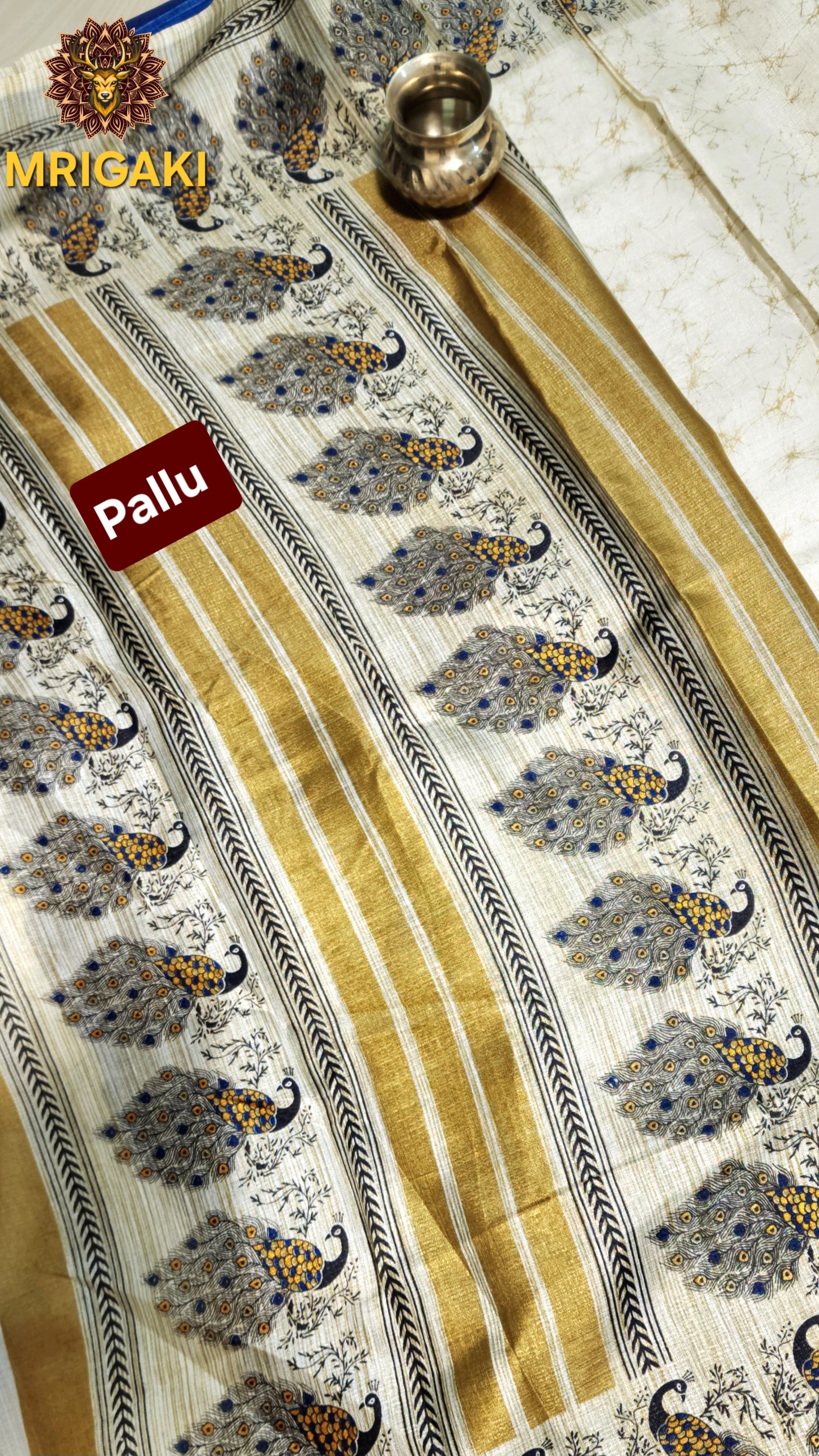 Beige & Royal Blue Peacock Art Khadi Bamboo Handloom Saree