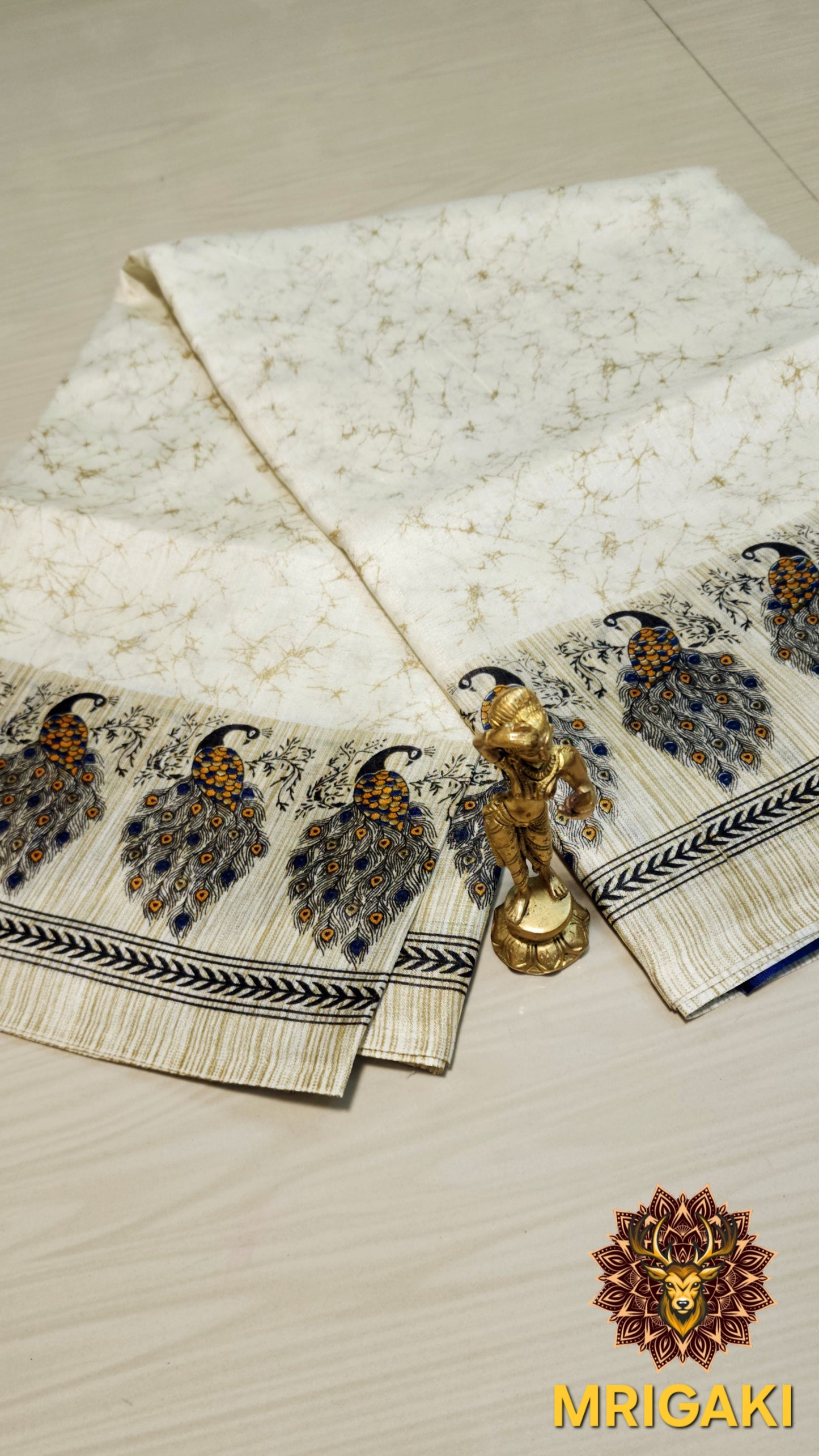 Beige & Royal Blue Peacock Art Khadi Bamboo Handloom Saree