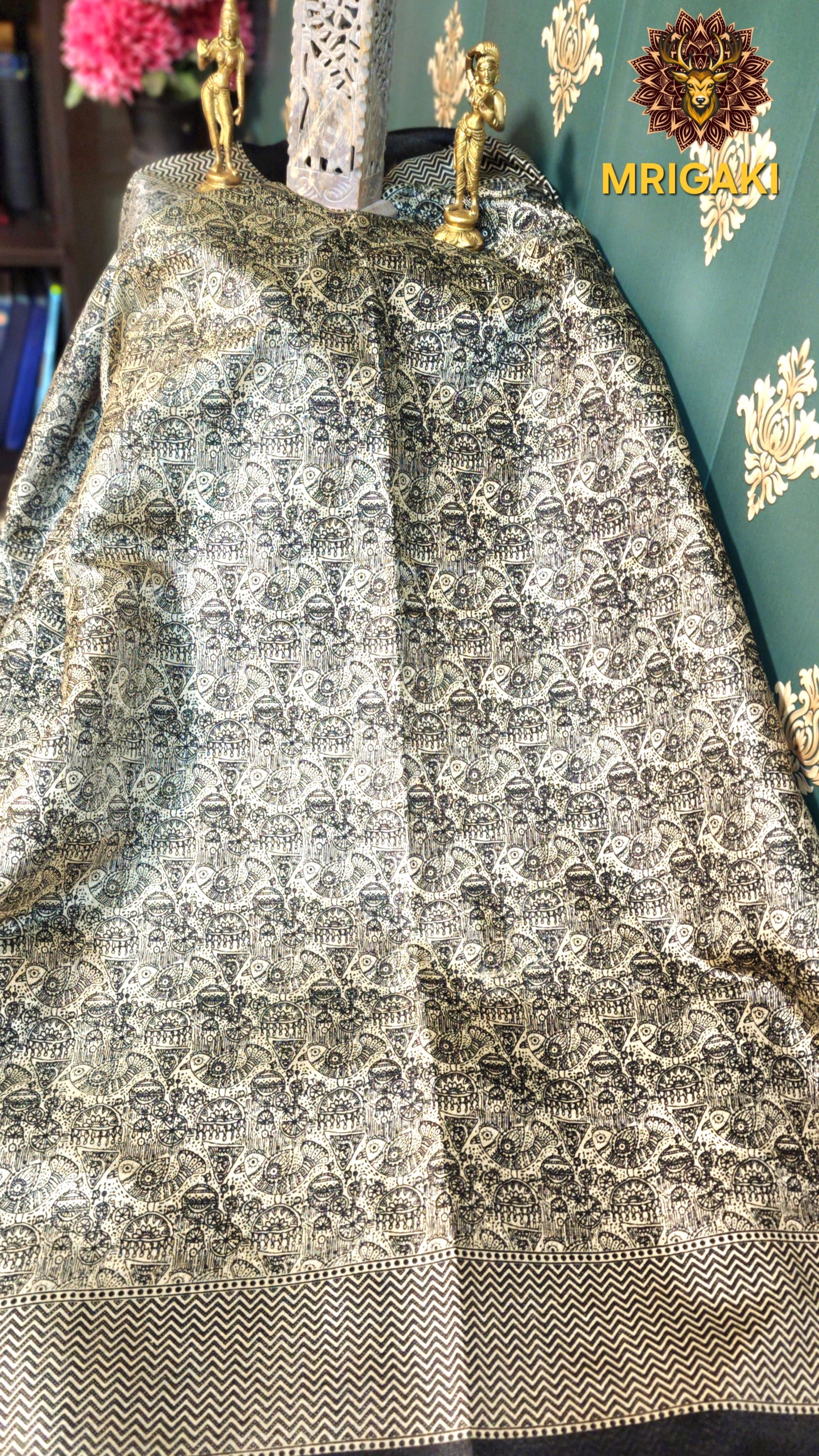 Black & White Madhubani Art Khadi Bamboo Handloom Saree