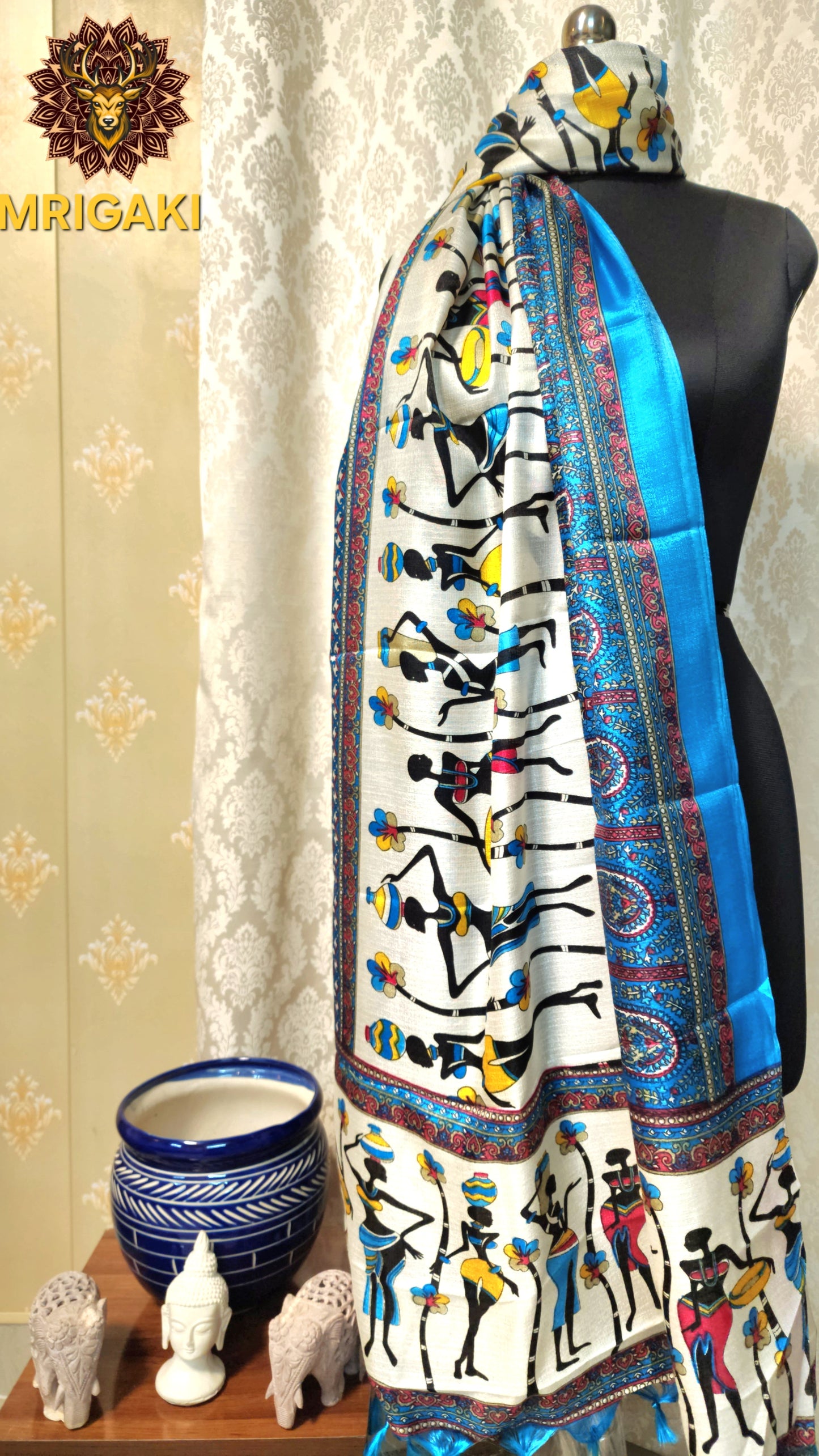 Turquoise Blue And Cream color Warli Pattern Digital Print Art Khadi Silk Fabric Stole/Dupatta