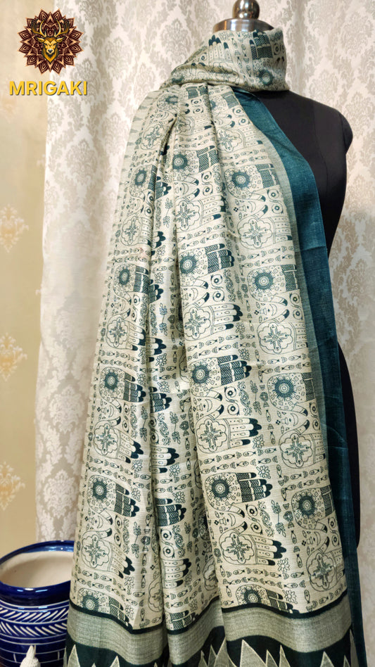 Olive Green And Cream color Warli Pattern Digital Print Art Khadi Silk Fabric Stole/Dupatta
