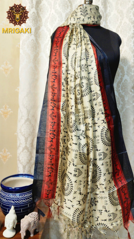 Beige And Red color Warli Pattern Digital Print Art Khadi Silk Fabric Stole/Dupatta