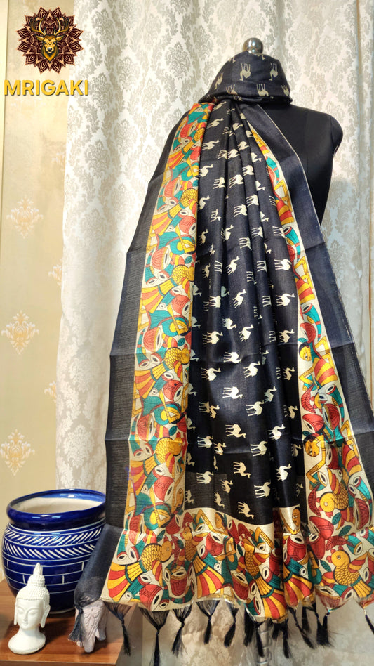 Black And Beige color Camel Digital Print Art Khadi Silk Fabric Stole/Dupatta