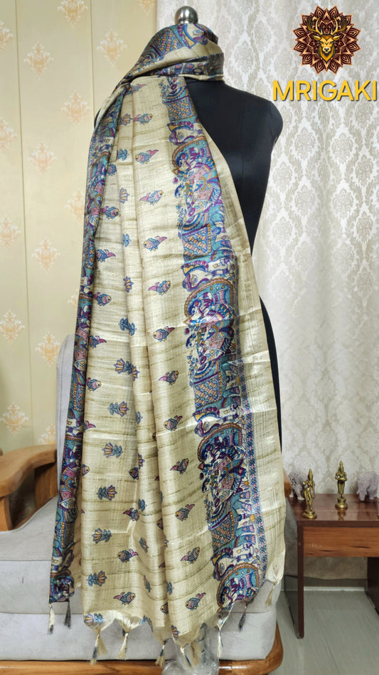 Beige and Turquoise Blue color Raj-gharana Fish Digital Print Art Khadi Silk Fabric Stole/Dupatta