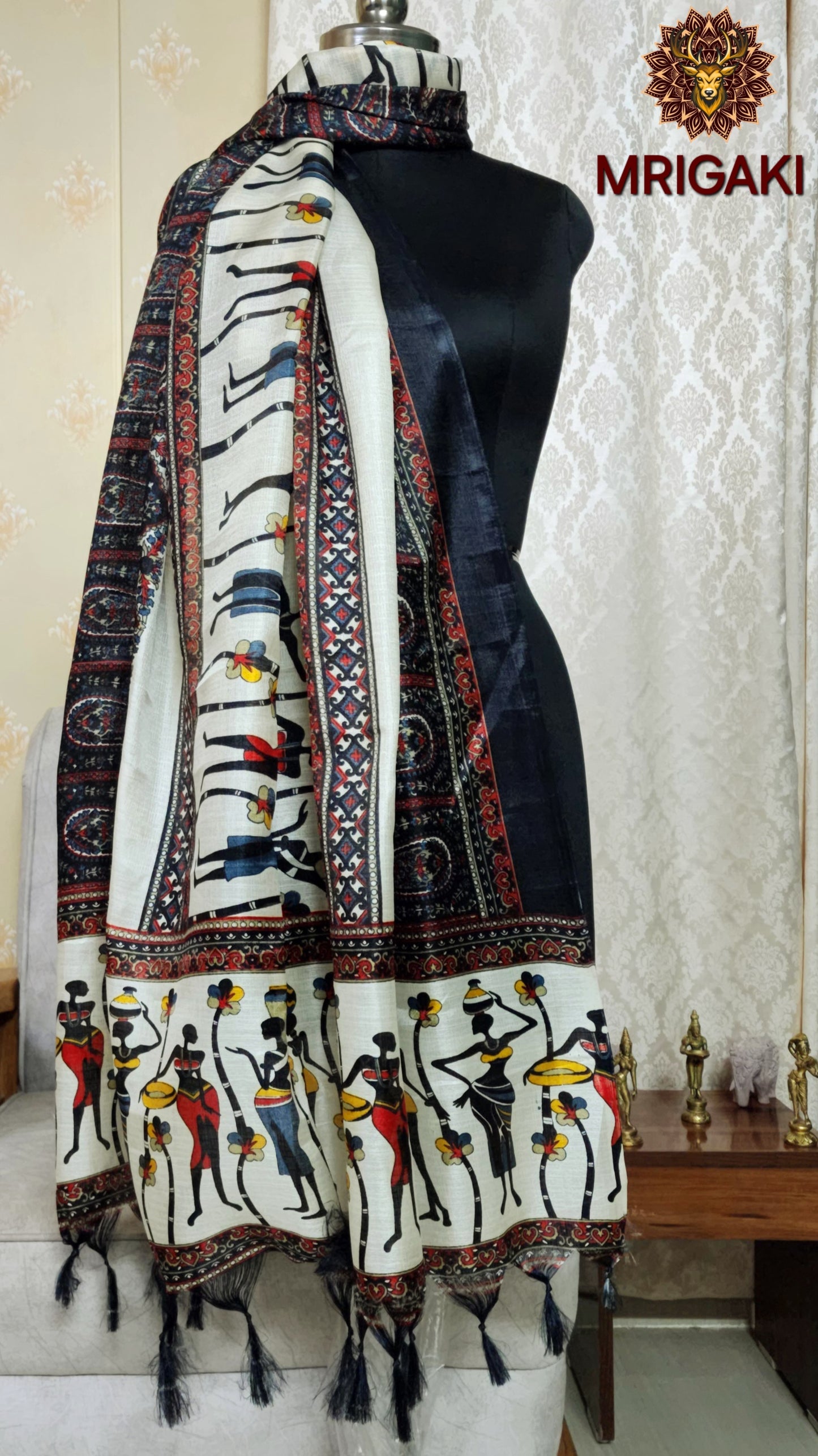 Black And Beige color Traditional Human Art Digital Print Khadi Silk Fabric Stole/Dupatta