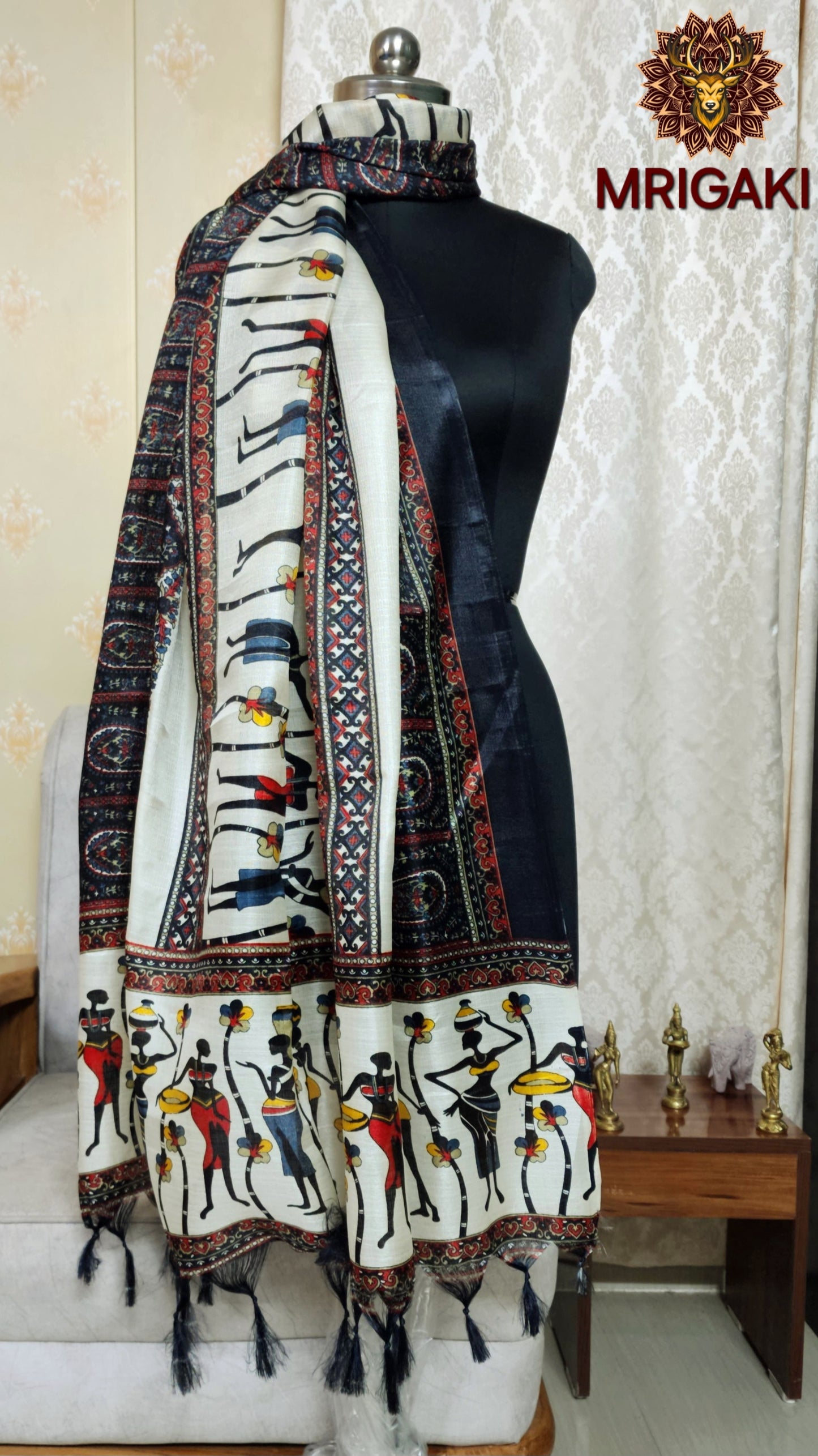 Black And Beige color Traditional Human Art Digital Print Khadi Silk Fabric Stole/Dupatta