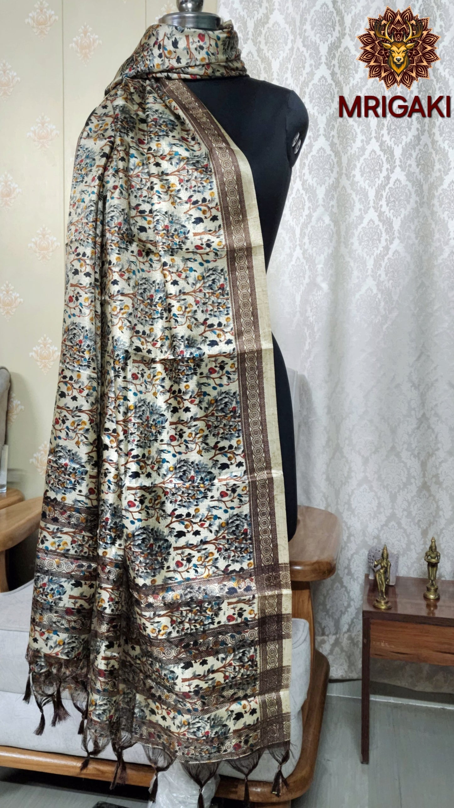 Brown And Beige color Van Digital Print Art Khadi Silk Fabric Stole/Dupatta