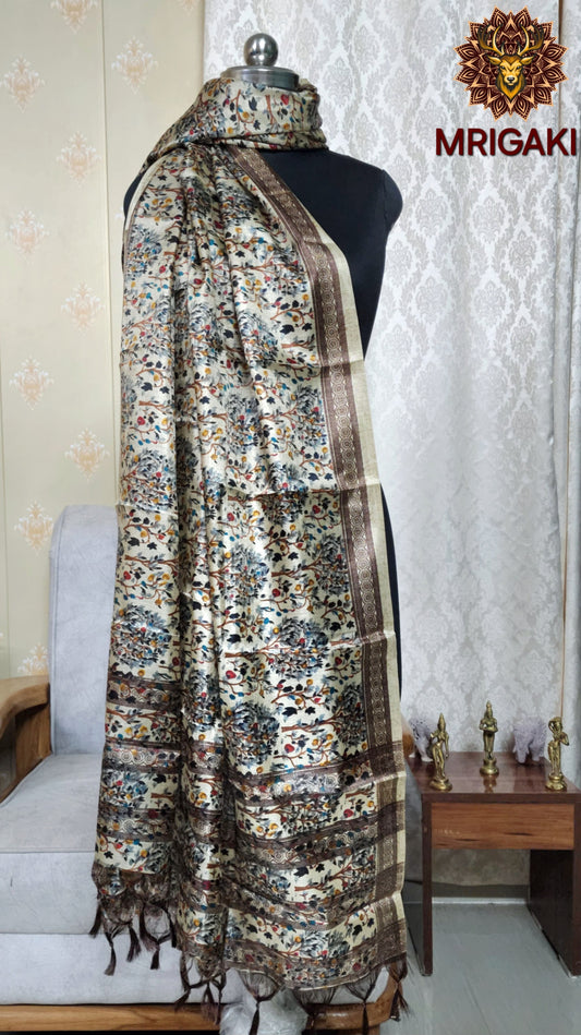 Brown And Beige color Van Digital Print Art Khadi Silk Fabric Stole/Dupatta