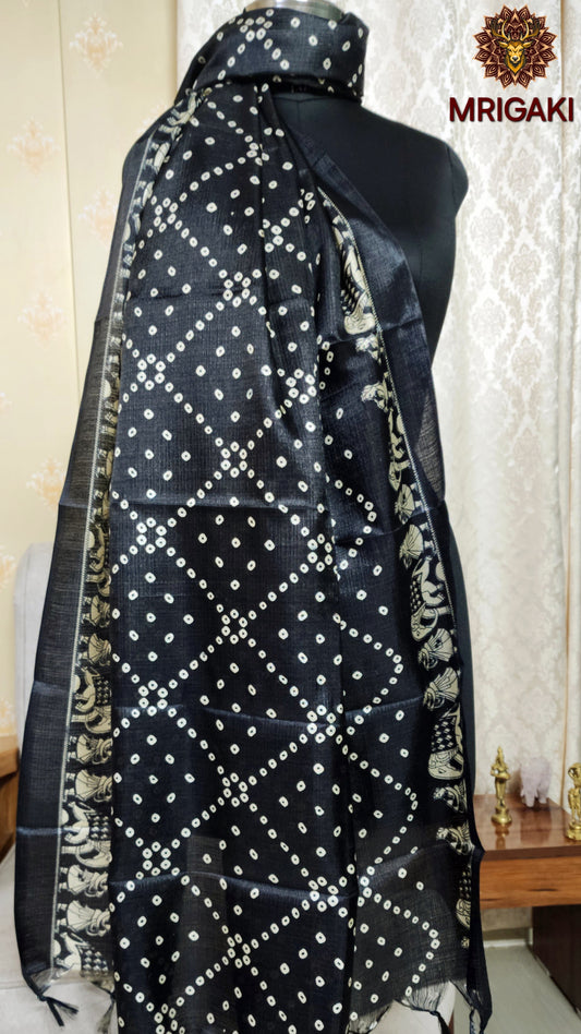 Black And Cream color Polka dots with Raj-gharana border Digital Print Art Khadi Silk Fabric Stole/Dupatta