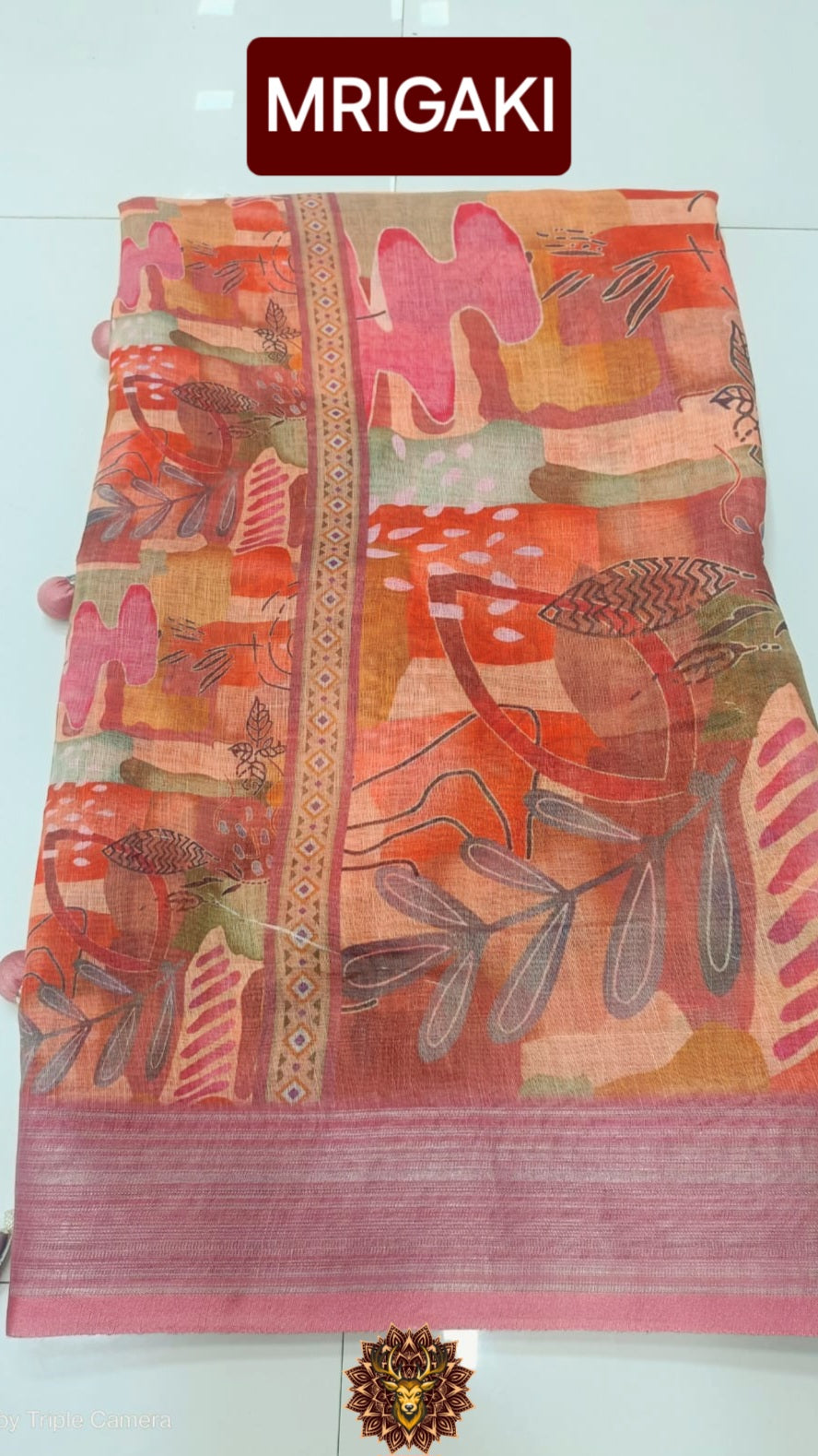 Red Base color Linen Saree with Geometrical design all over, plain red border with Pom-Pom on Pallu
