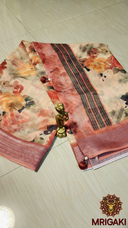 Beige base color Linen Saree with Multicolor Floral Digital Print & designer unstitched blouse-piece