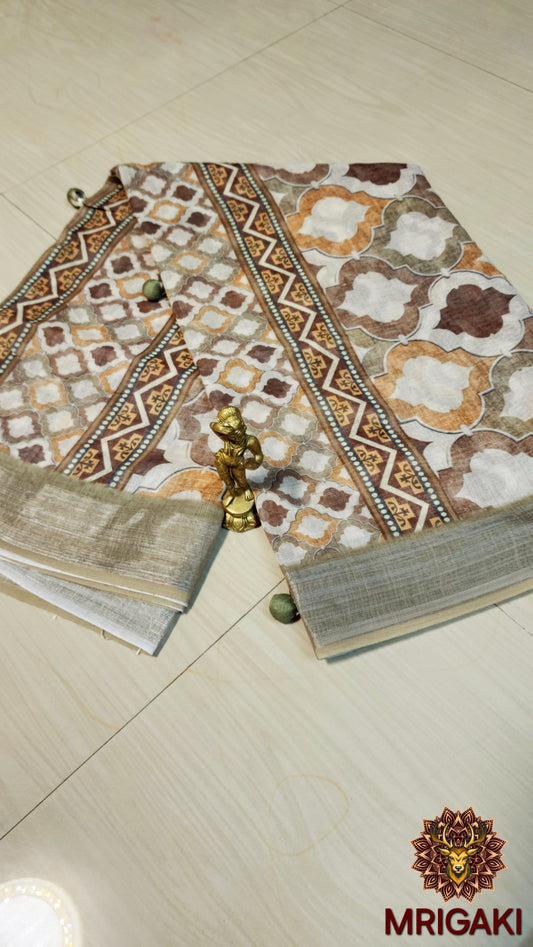 White Base Linen Saree with Geometrical design all over, plain green border with Pom-Pom on Pallu
